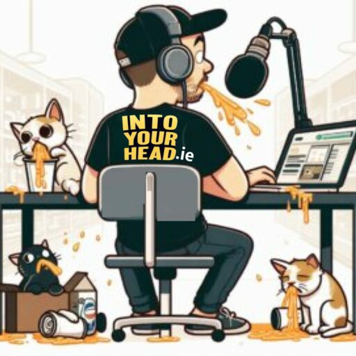 Cartoon image of podcaster talking into microphone at desk while three of his cats vomit.