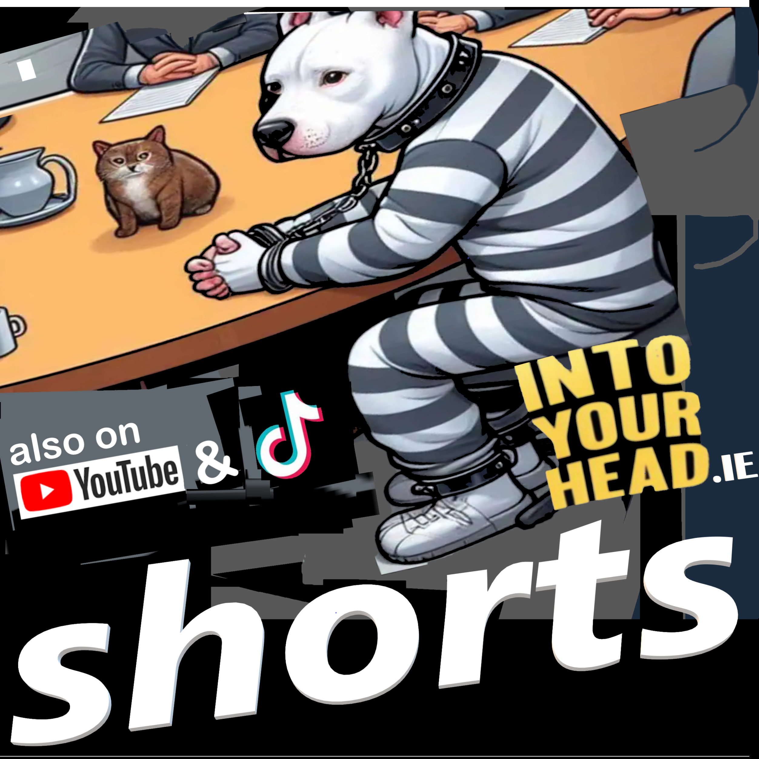 Into Your Head SHORTS - also on YouTube and TikTok. Cartoon image of dog in prison uniform at parole meeting for some reason.