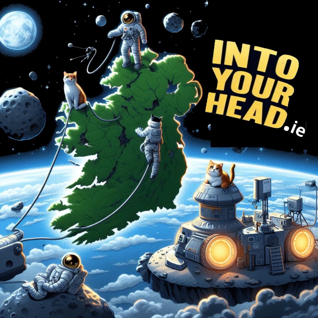 Ireland floating in space, orbiting far above Earth. An asteroid is about to hit Earth. Earth is ablaze. Astronauts are climbing Ireland like a mountain, using ropes. Three cats are sitting on Ireland's rings. Ireland is full of craters like the moon, and has rings like Saturn. It is nighttime on Earth, daytime on Ireland. A NASA moonlander and Mars Explorer are sitting on Ireland's surface. The Moon is smiling. TEXT: Into Your Head dot I E.